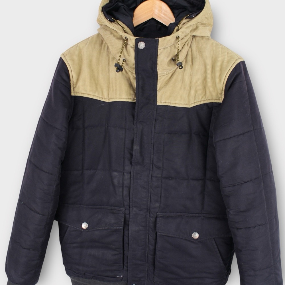 Levi's Men's Hooded Puffer Jacket Tan Black Colorblock Medium Winter‎ Coat - Picture 2 of 4